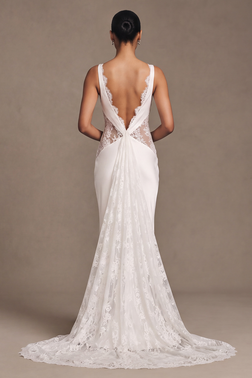 White Mermaid Bateau Neck Satin Watteau Train Wedding Dress with Lace