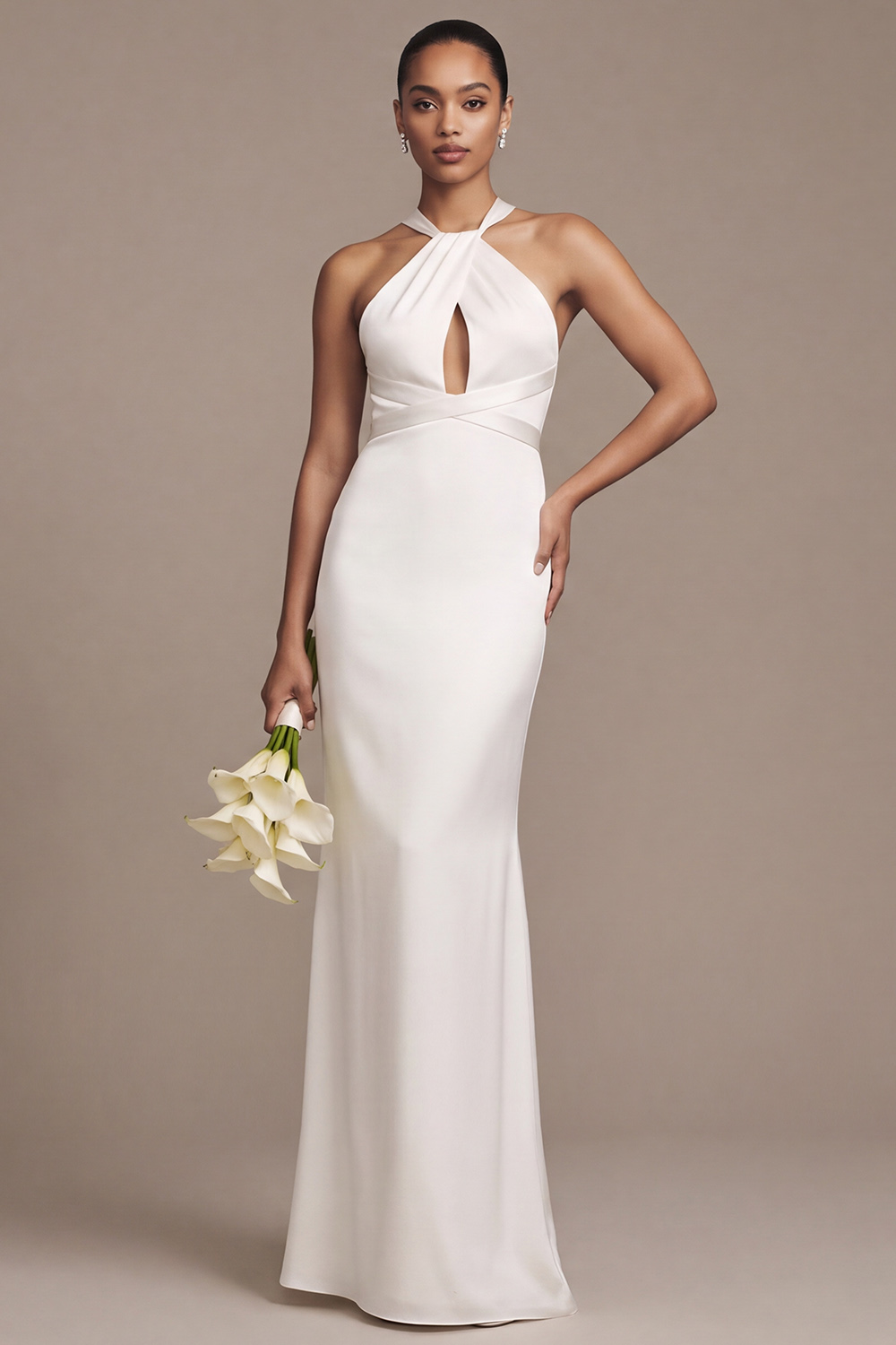 White Mermaid Halter Keyhole Floor Length Satin Wedding Dress