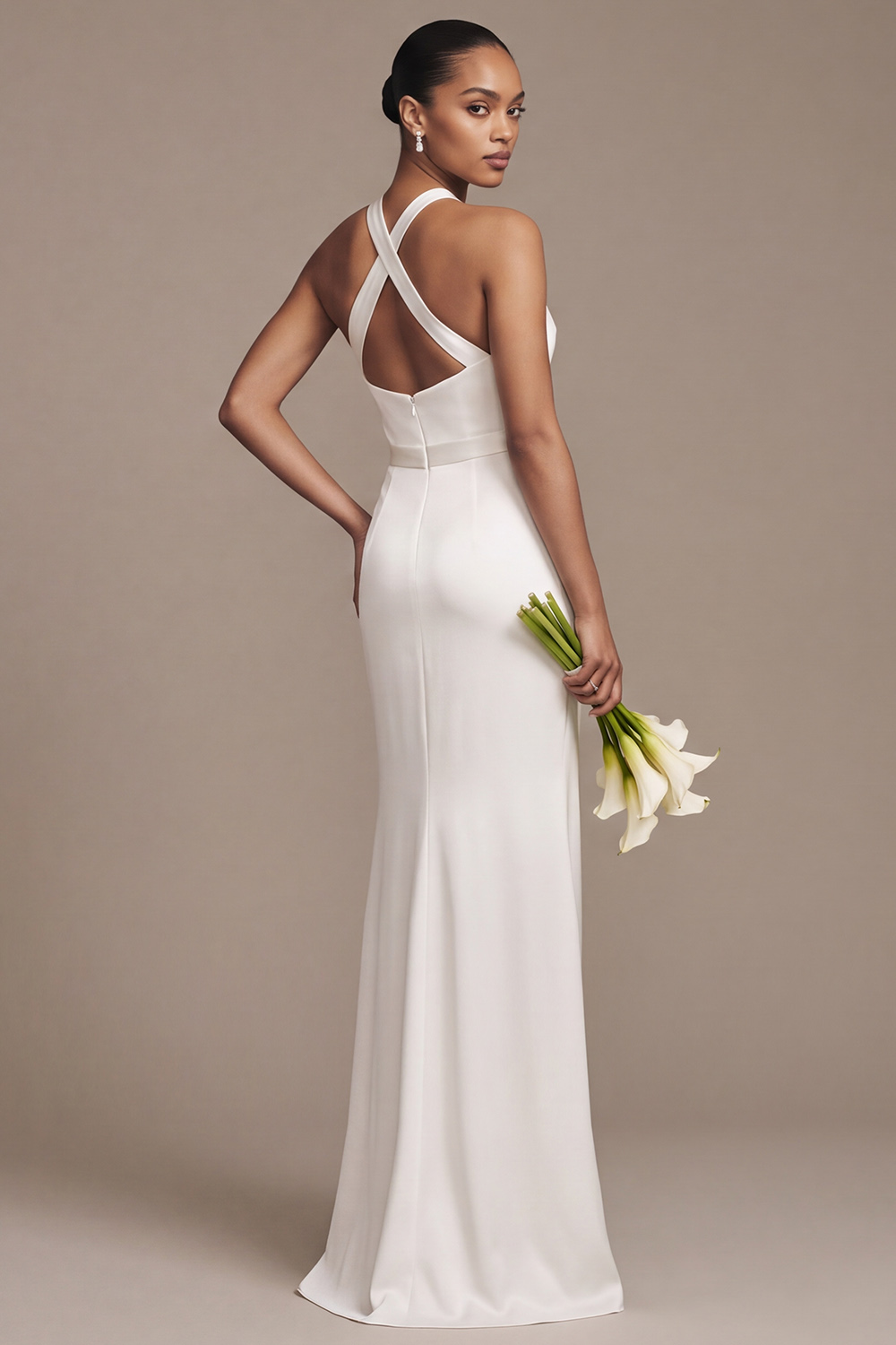 White Mermaid Halter Keyhole Floor Length Satin Wedding Dress