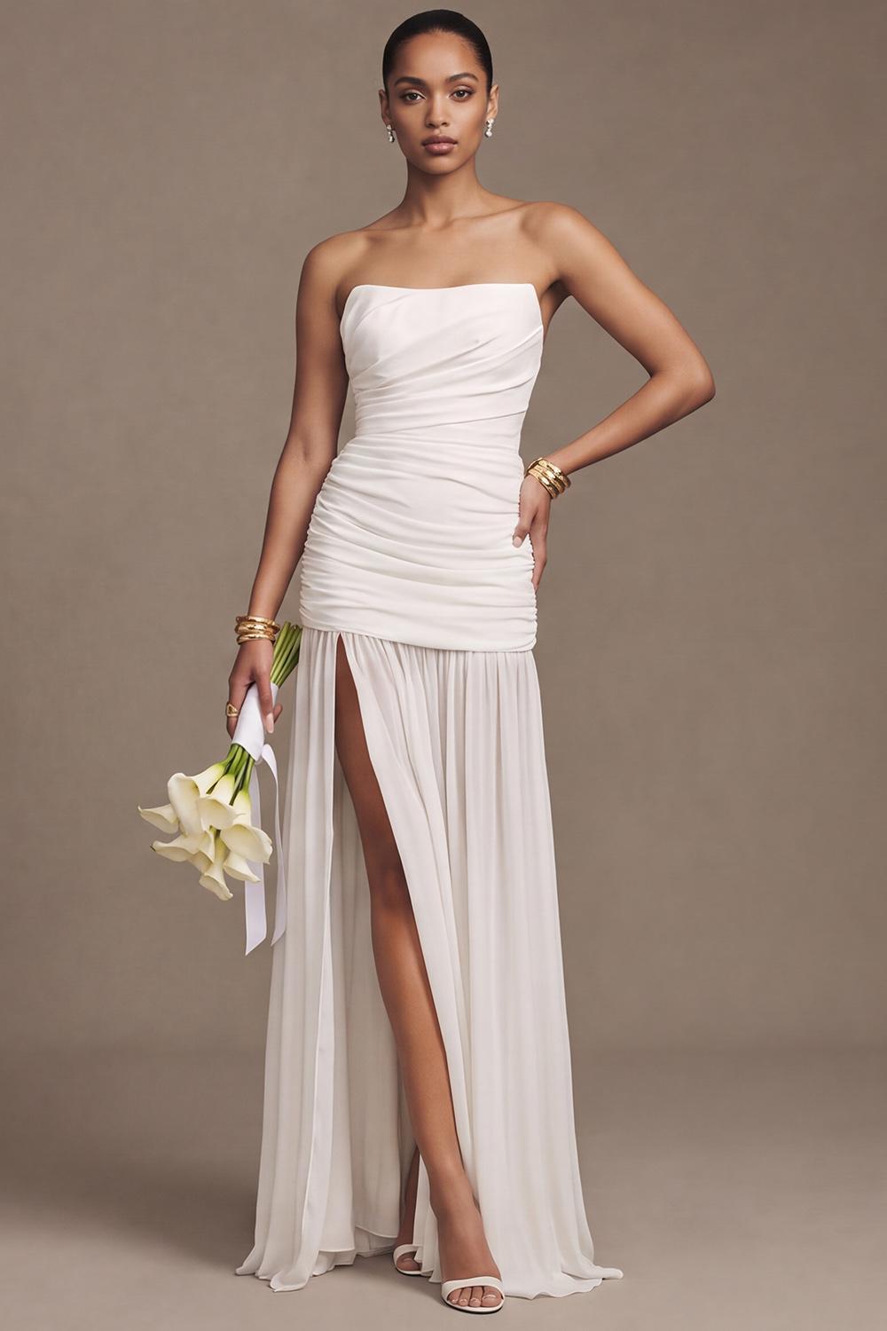 White Sheath Strapless Ruched Chiffon Beach Wedding Dress with Slit