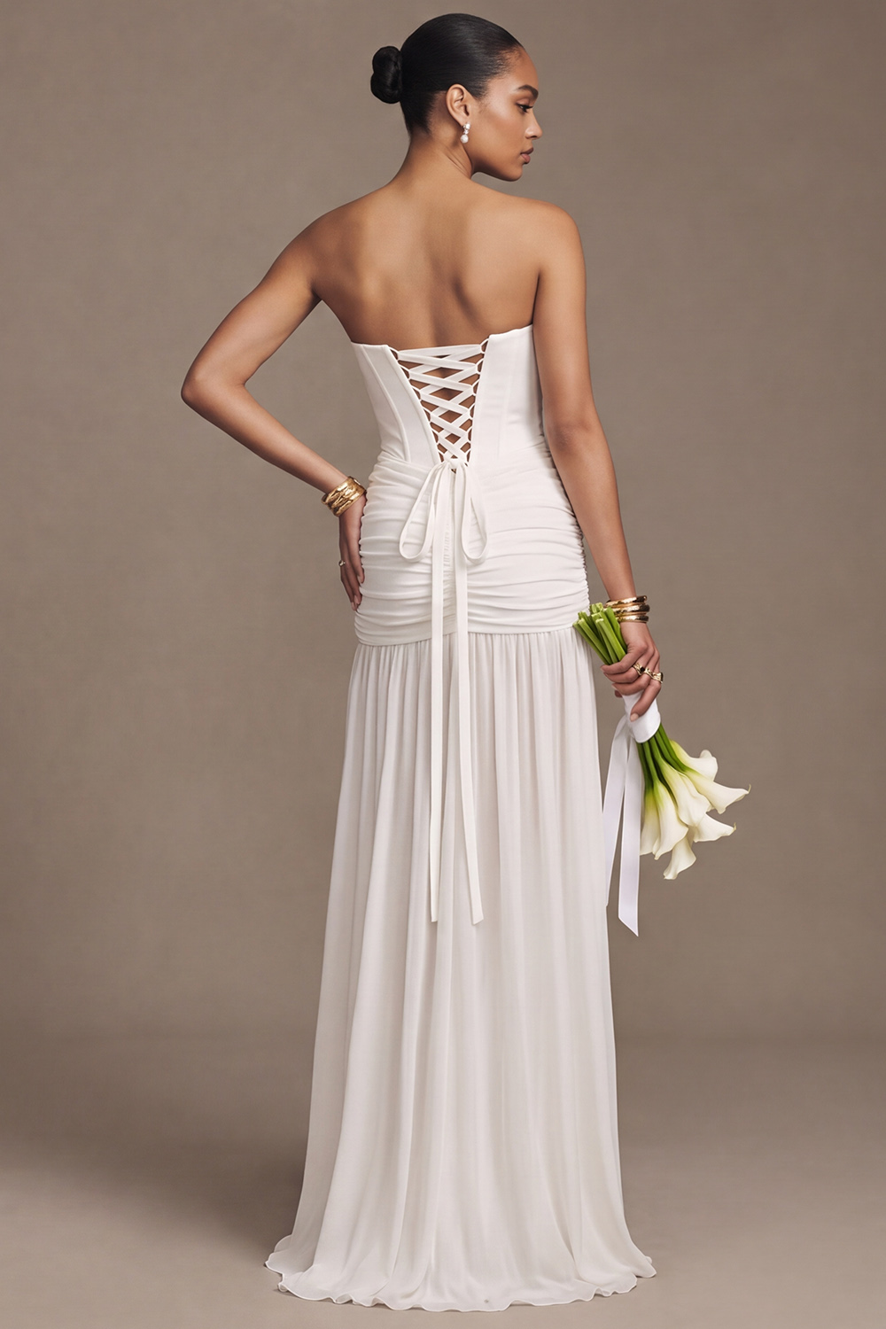 White Sheath Strapless Ruched Chiffon Beach Wedding Dress with Slit