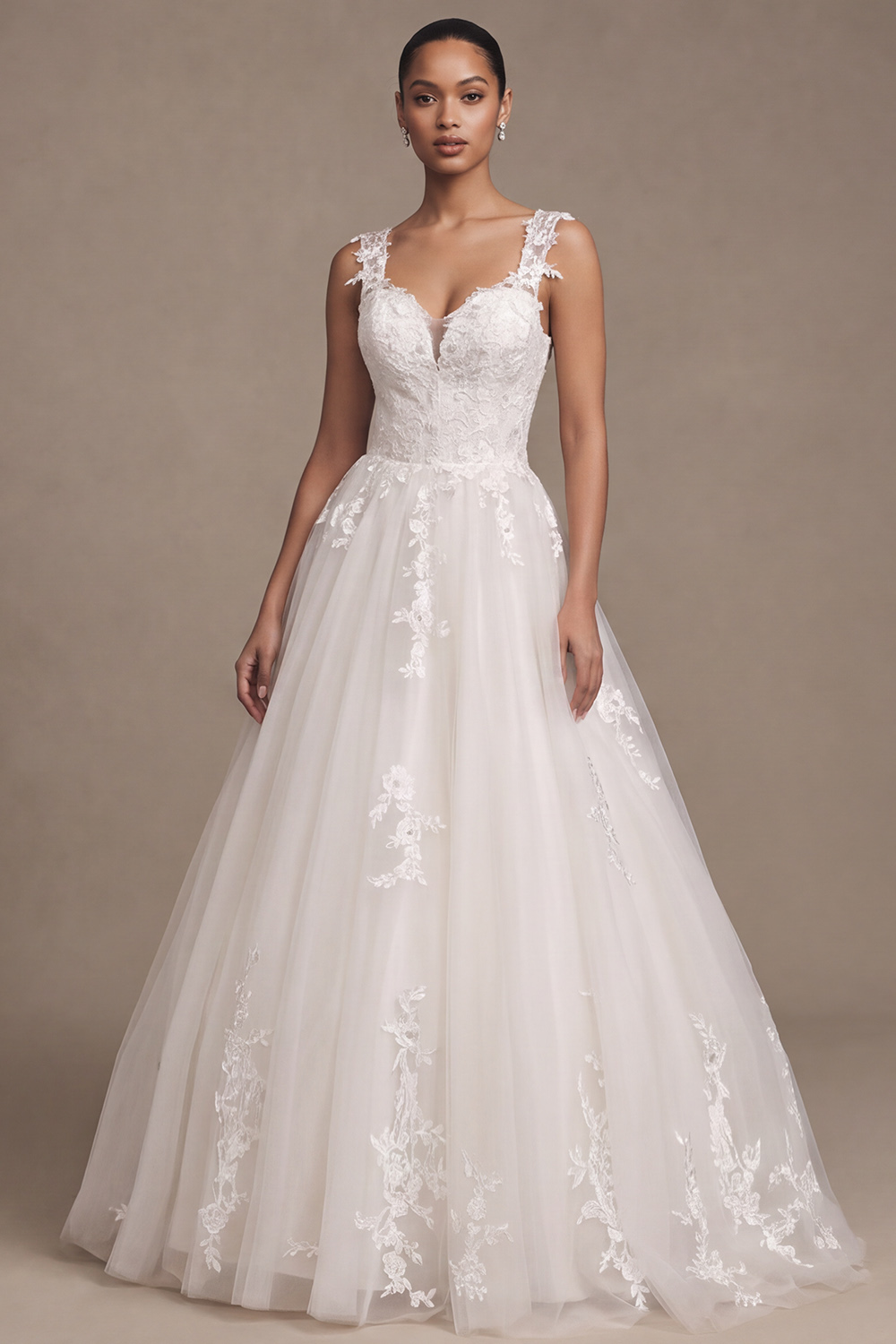 White A-Line V-Neck Floral Lace Wedding Dress