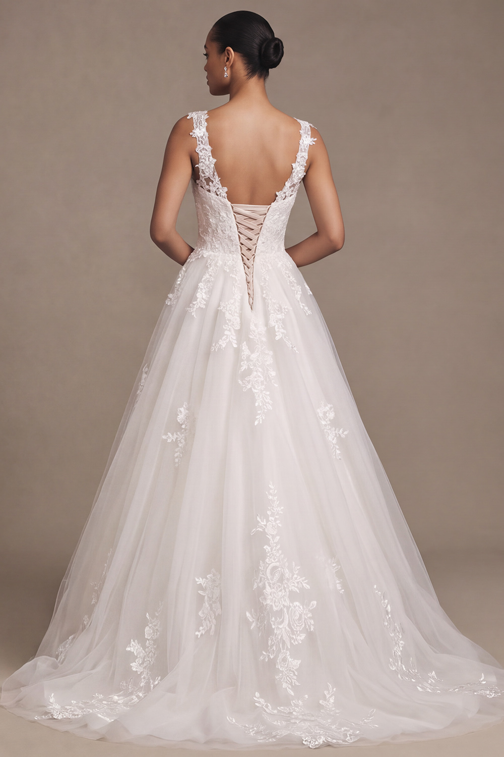White A-Line V-Neck Floral Lace Wedding Dress