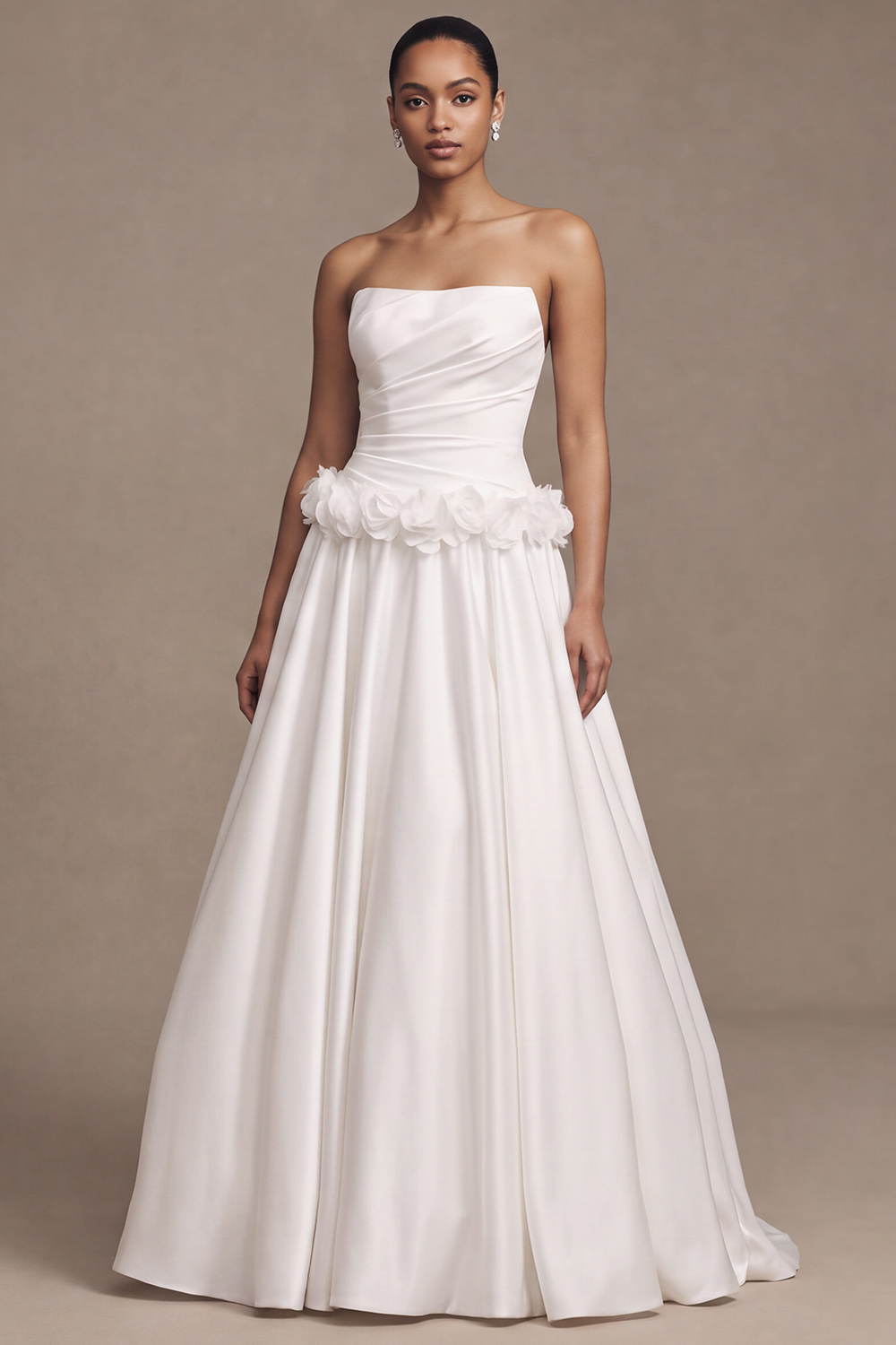 White A-Line Strapless Ruched Satin Floor Length Wedding Dress with 3D Flowers