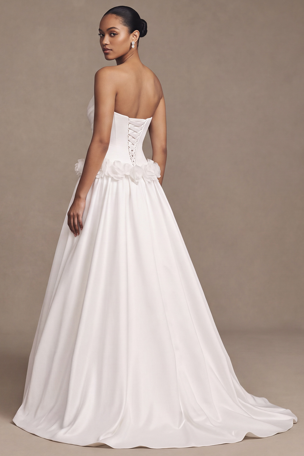 White A-Line Strapless Ruched Satin Floor Length Wedding Dress with 3D Flowers