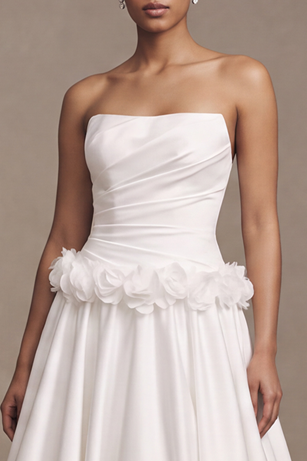 White A-Line Strapless Ruched Satin Floor Length Wedding Dress with 3D Flowers