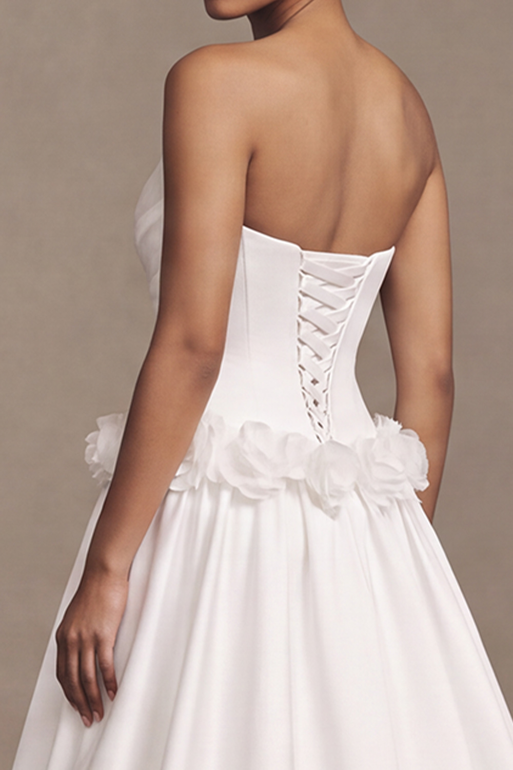 White A-Line Strapless Ruched Satin Floor Length Wedding Dress with 3D Flowers