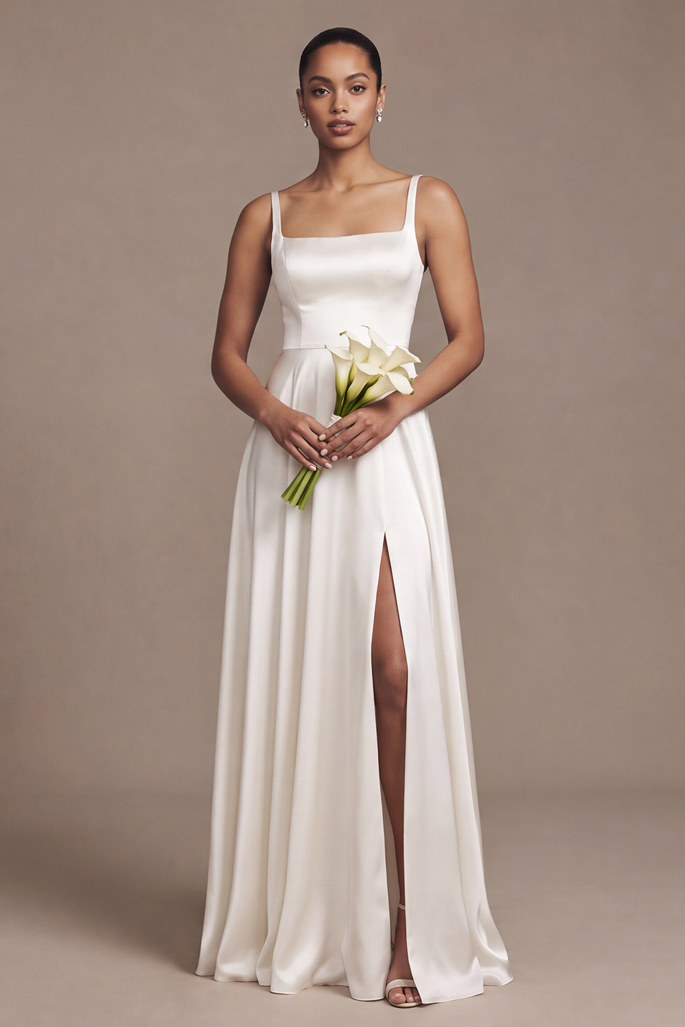 White A-Line Square Neck Simple Satin Wedding Dress with Slit