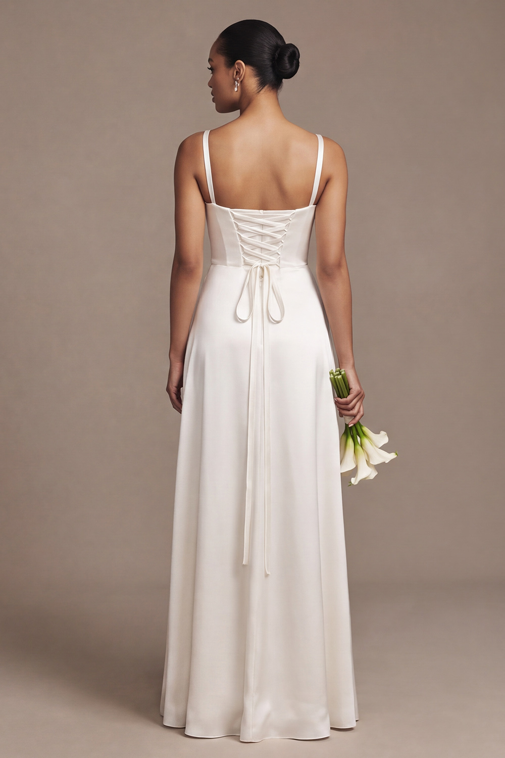 White A-Line Square Neck Simple Satin Wedding Dress with Slit