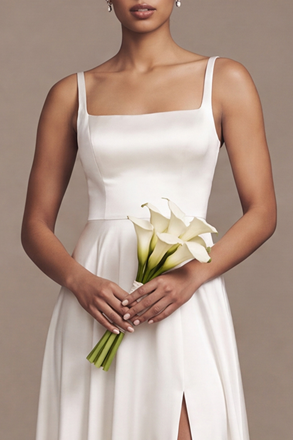 White A-Line Square Neck Simple Satin Wedding Dress with Slit
