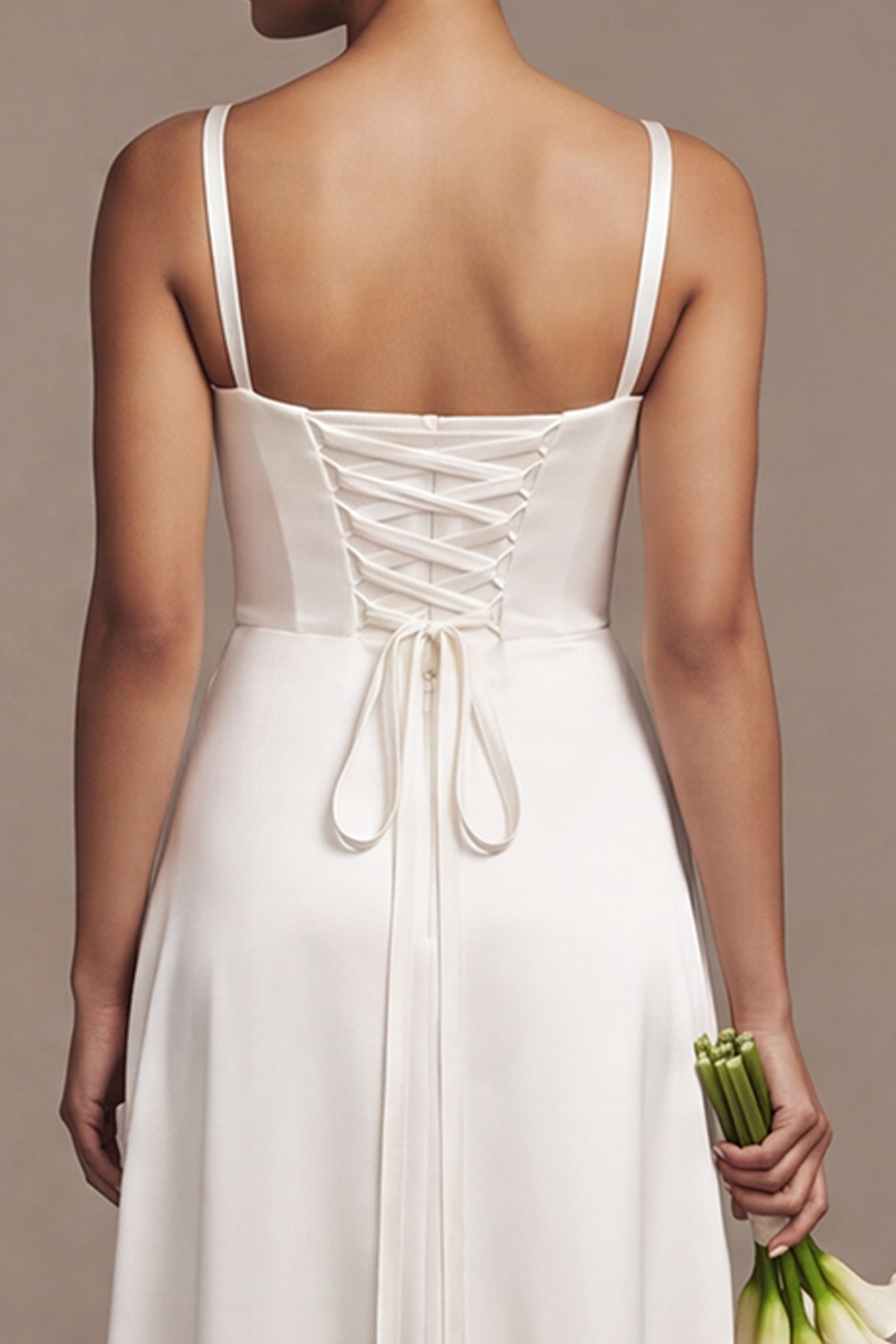 White A-Line Square Neck Simple Satin Wedding Dress with Slit