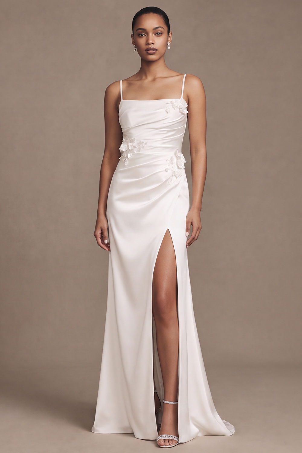 White Sheath Spaghetti Straps Ruched Sweep Train Satin Wedding Dress with 3D Flowers