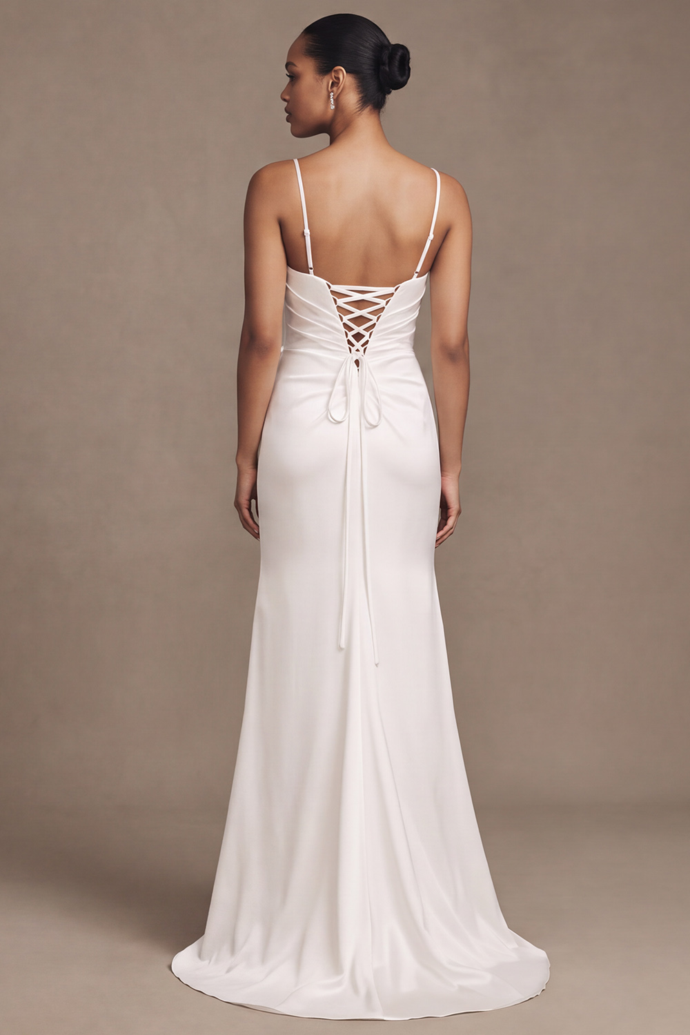 White Sheath Spaghetti Straps Ruched Sweep Train Satin Wedding Dress with 3D Flowers