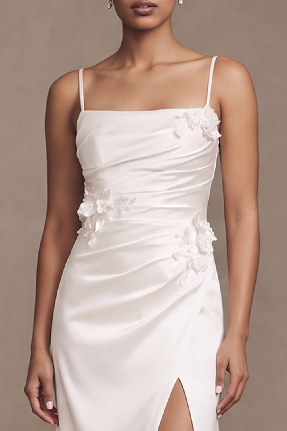 White Sheath Spaghetti Straps Ruched Sweep Train Satin Wedding Dress with 3D Flowers
