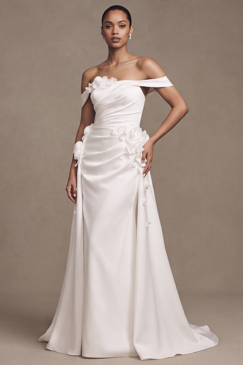 White Sheath Off the Shoulder Ruched Sweep Train Satin Wedding Dress with 3D Flowers