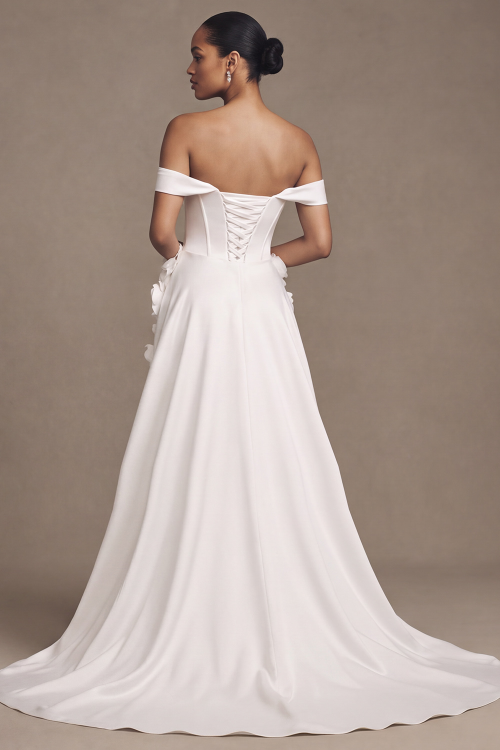 White Sheath Off the Shoulder Ruched Sweep Train Satin Wedding Dress with 3D Flowers