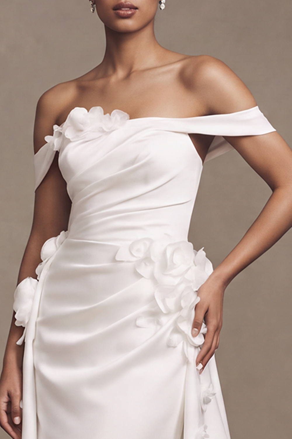 White Sheath Off the Shoulder Ruched Sweep Train Satin Wedding Dress with 3D Flowers