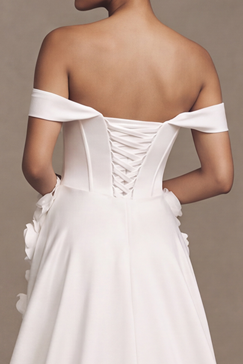 White Sheath Off the Shoulder Ruched Sweep Train Satin Wedding Dress with 3D Flowers
