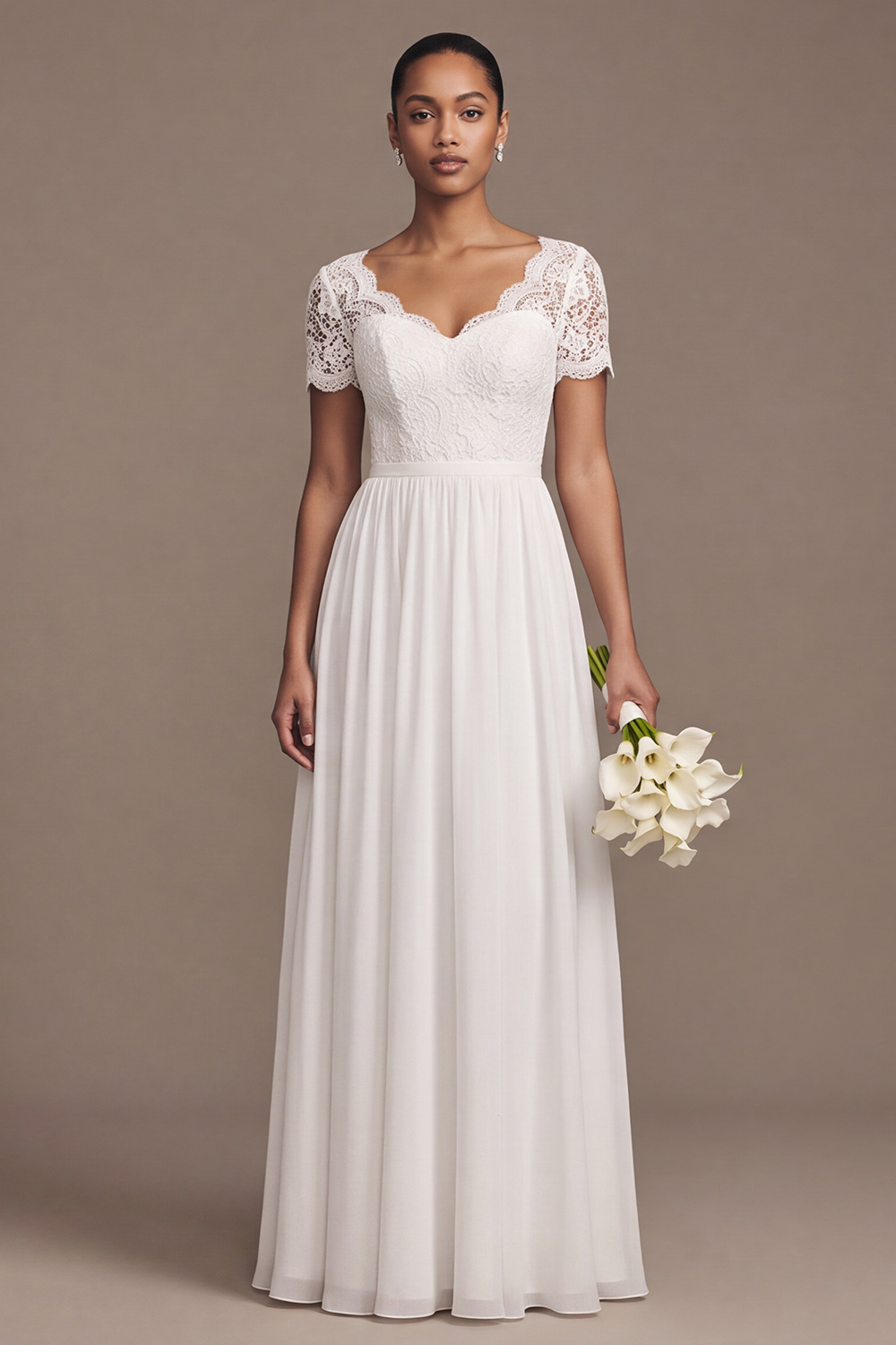 White A-Line V Neck Short Sleeves Floor Length Chiffon Beach Wedding Dress with Lace