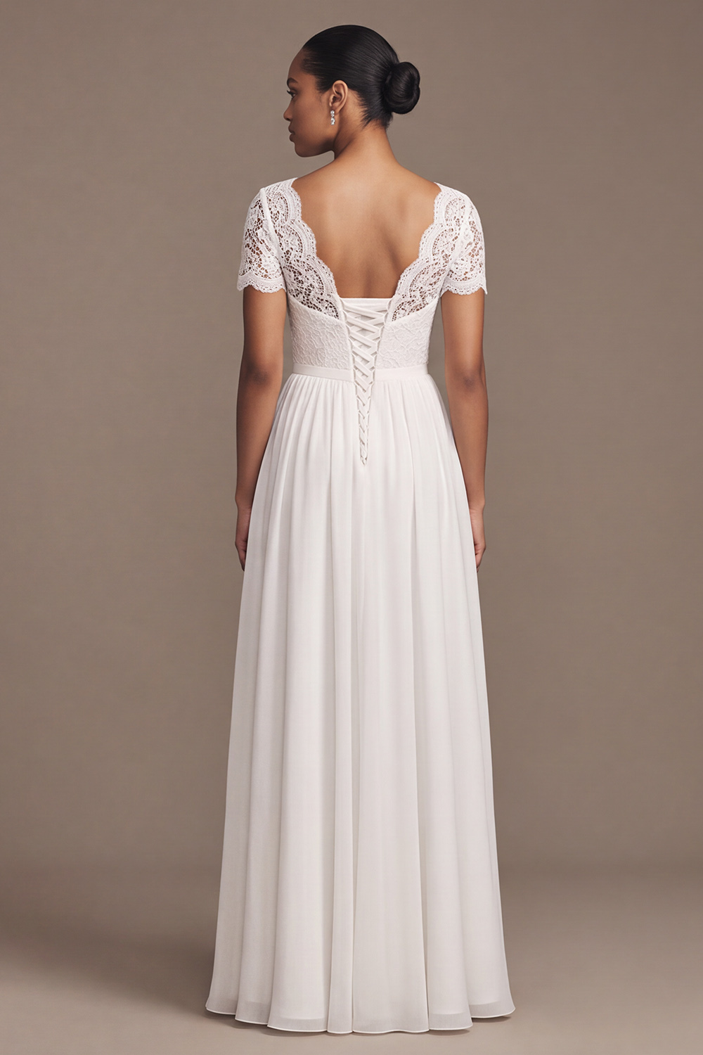 White A-Line V Neck Short Sleeves Floor Length Chiffon Beach Wedding Dress with Lace