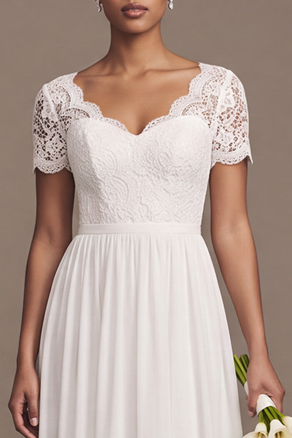 White A-Line V Neck Short Sleeves Floor Length Chiffon Beach Wedding Dress with Lace