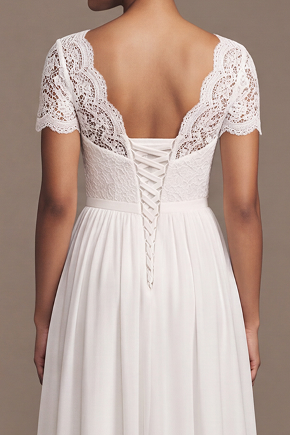 White A-Line V Neck Short Sleeves Floor Length Chiffon Beach Wedding Dress with Lace