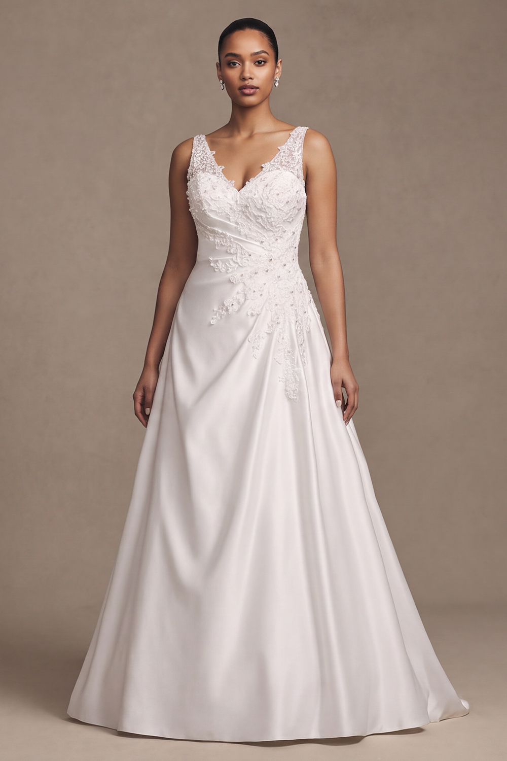 White A-Line V-Neck Satin Sweep Train Floral Wedding Dress with Lace