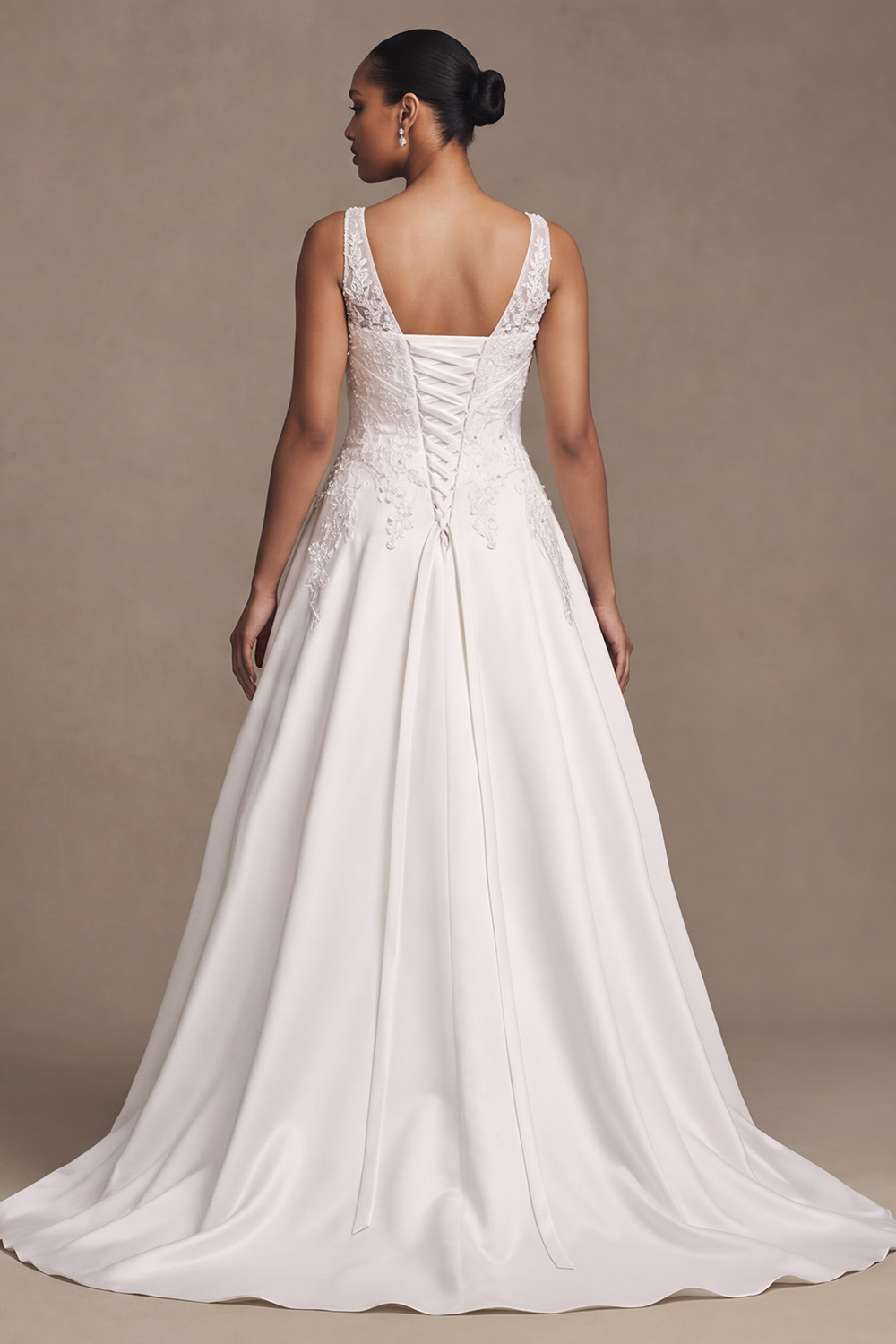 White A-Line V-Neck Satin Sweep Train Floral Wedding Dress with Lace