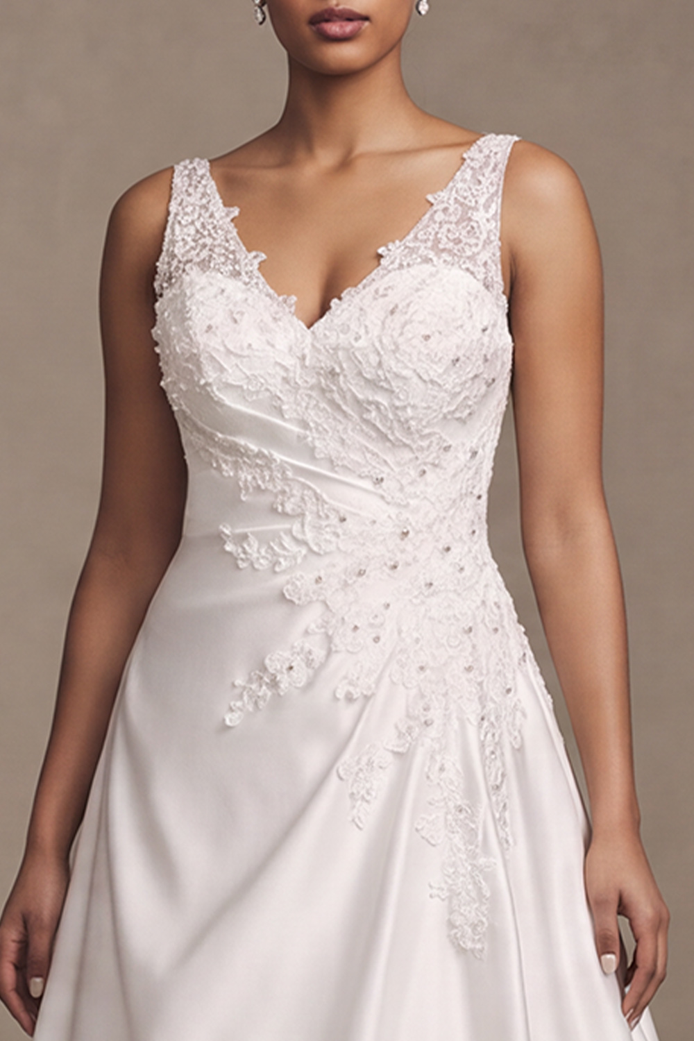 White A-Line V-Neck Satin Sweep Train Floral Wedding Dress with Lace