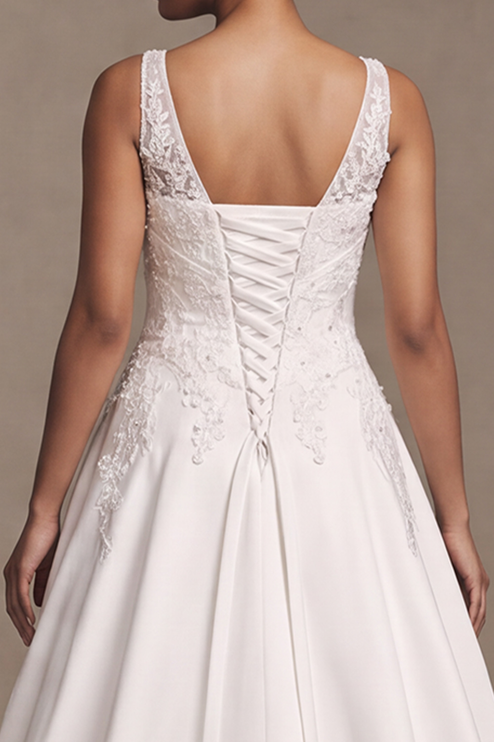 White A-Line V-Neck Satin Sweep Train Floral Wedding Dress with Lace