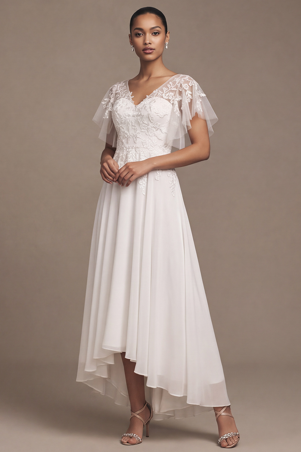 White A-Line V-Neck Flutter Sleeves High-Low Wedding Dress with Lace