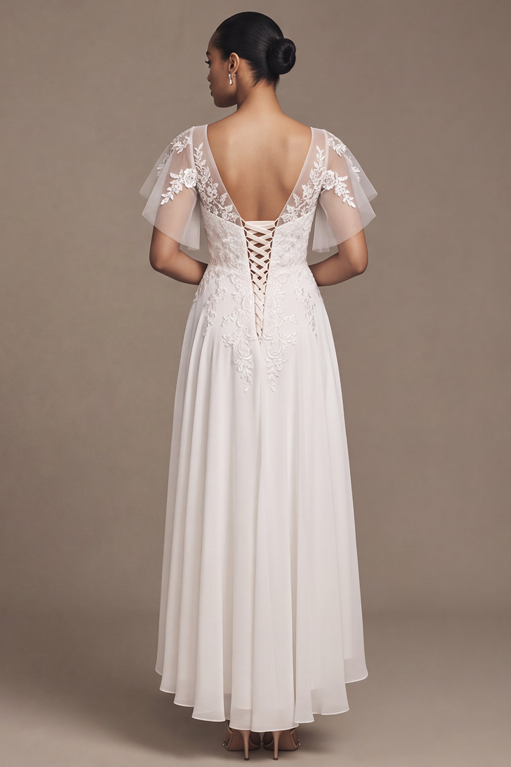 White A-Line V-Neck Flutter Sleeves High-Low Wedding Dress with Lace