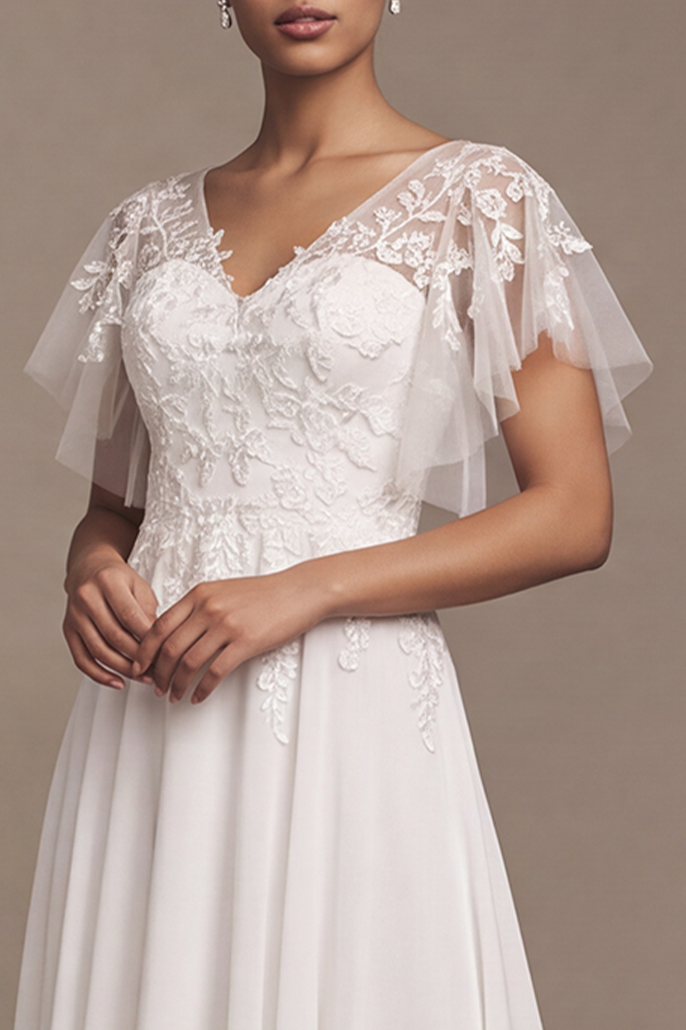 White A-Line V-Neck Flutter Sleeves High-Low Wedding Dress with Lace