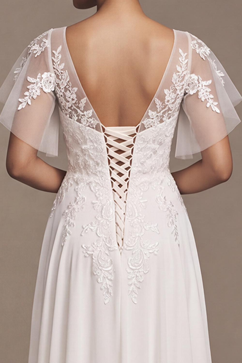 White A-Line V-Neck Flutter Sleeves High-Low Wedding Dress with Lace