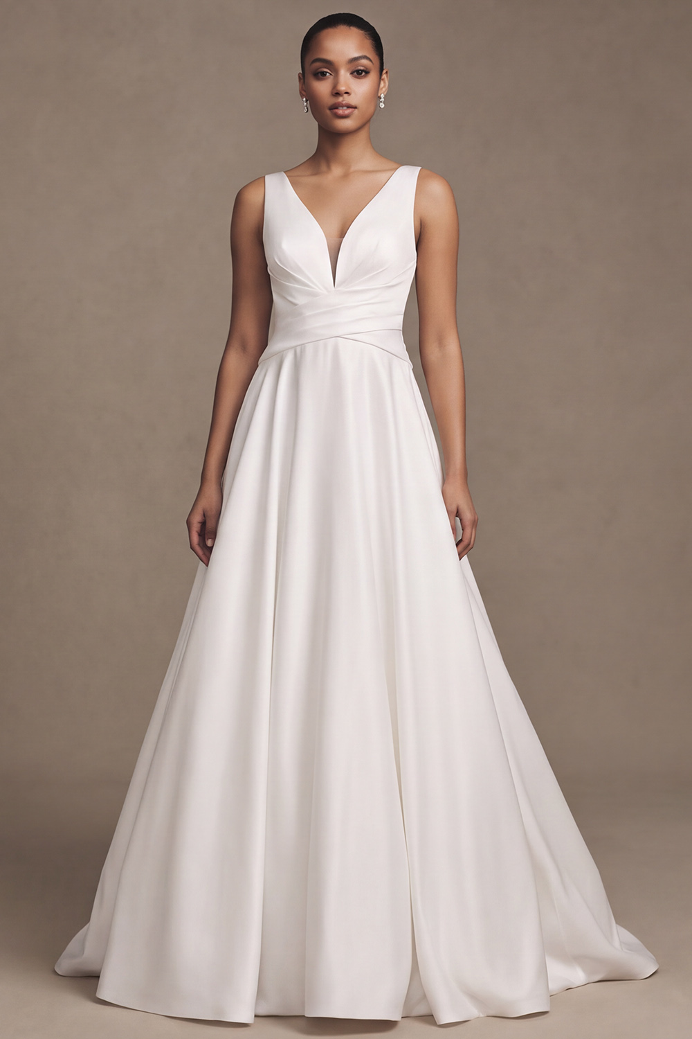 White A-Line V-Neck Ruched Sweep Train Simple Satin Wedding Dress