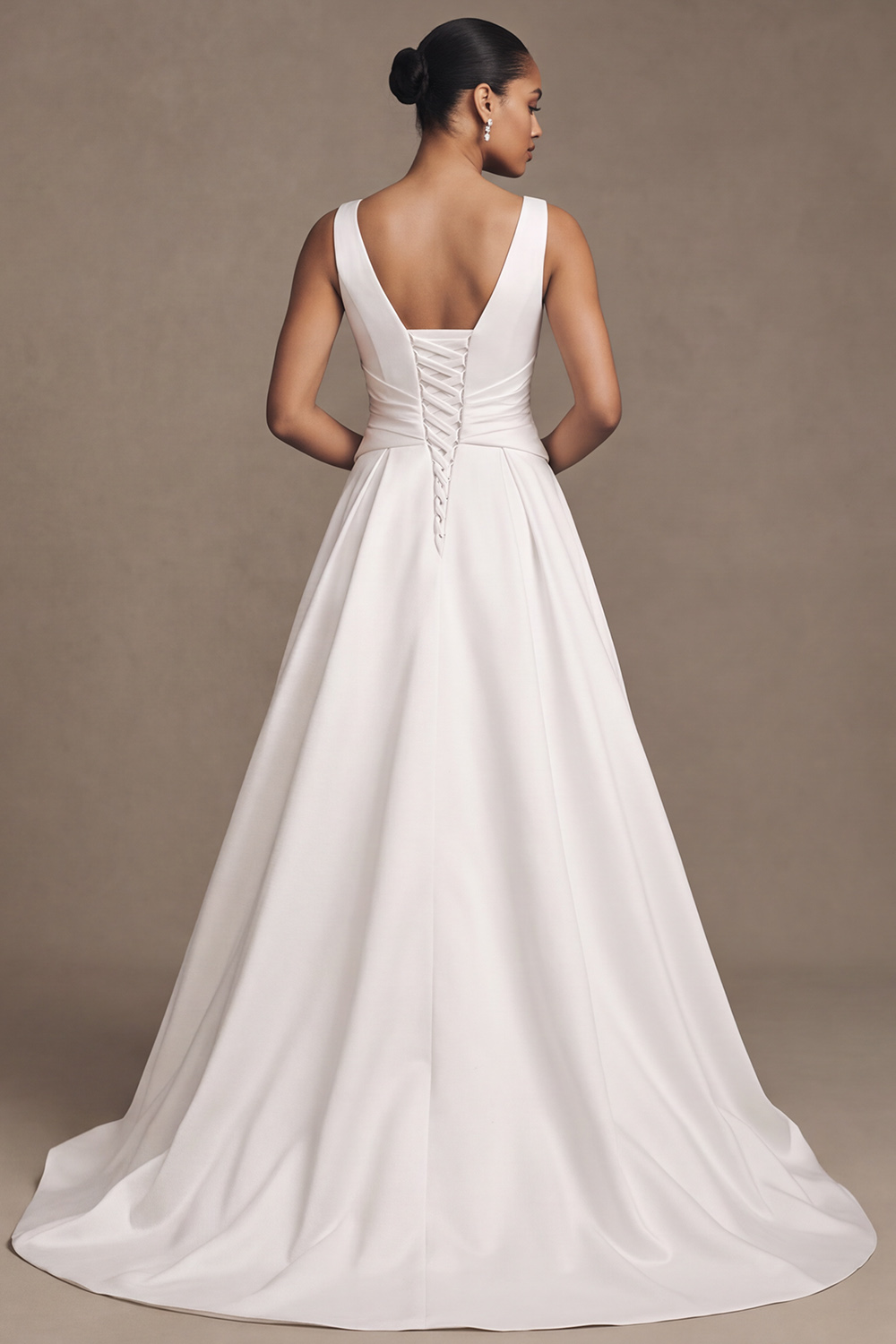 White A-Line V-Neck Ruched Sweep Train Simple Satin Wedding Dress