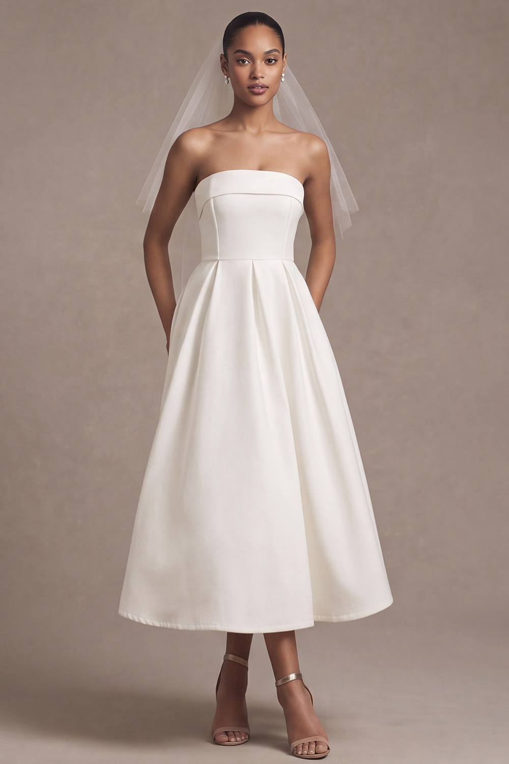 White A-Line Strapless Tea-Length Wedding Dress