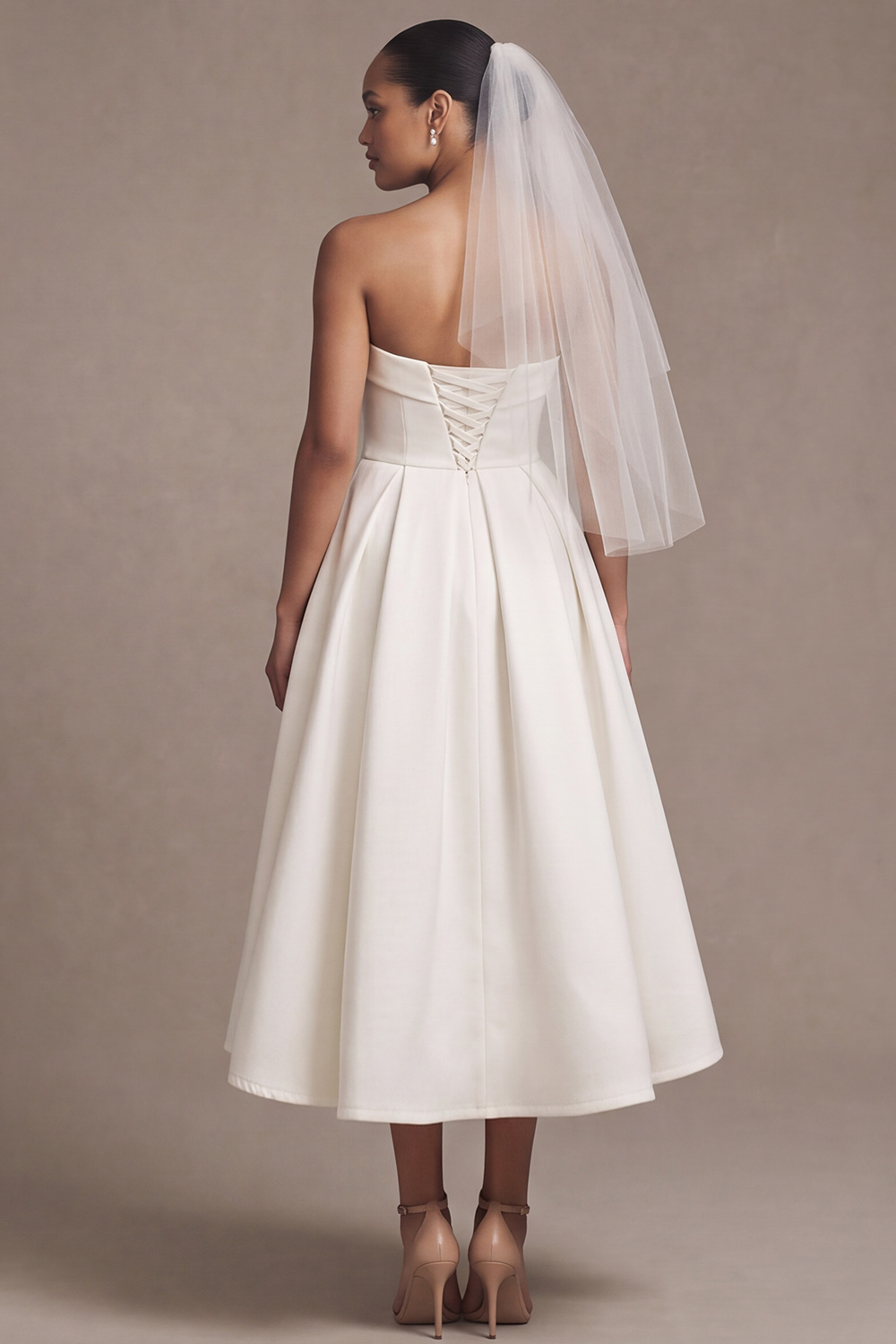 White A-Line Strapless Tea-Length Wedding Dress