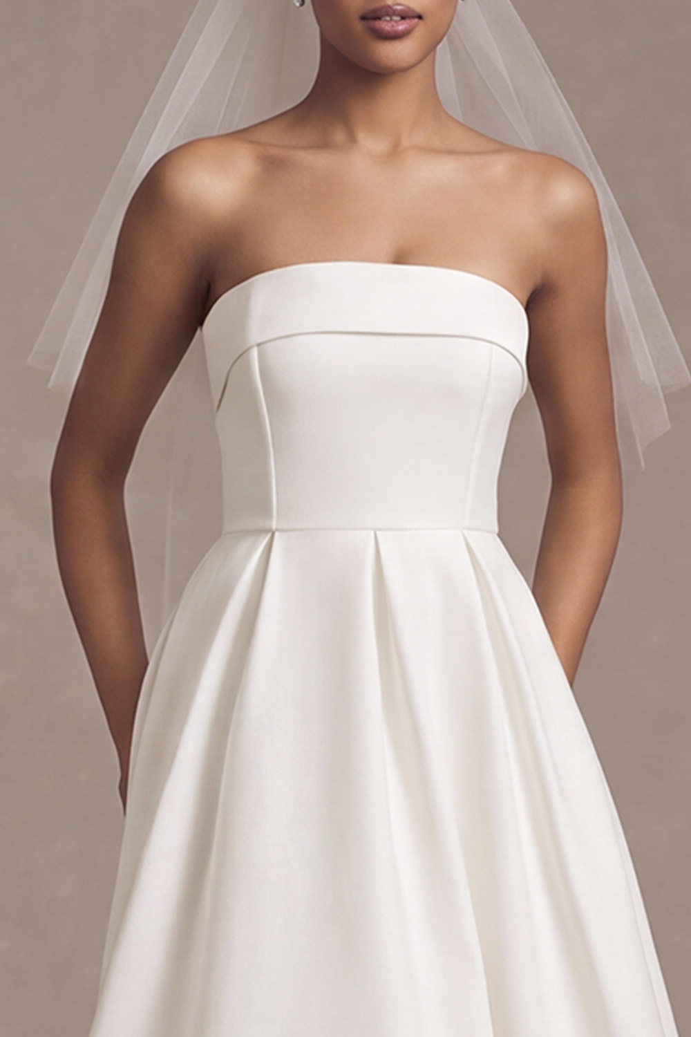 White A-Line Strapless Tea-Length Wedding Dress
