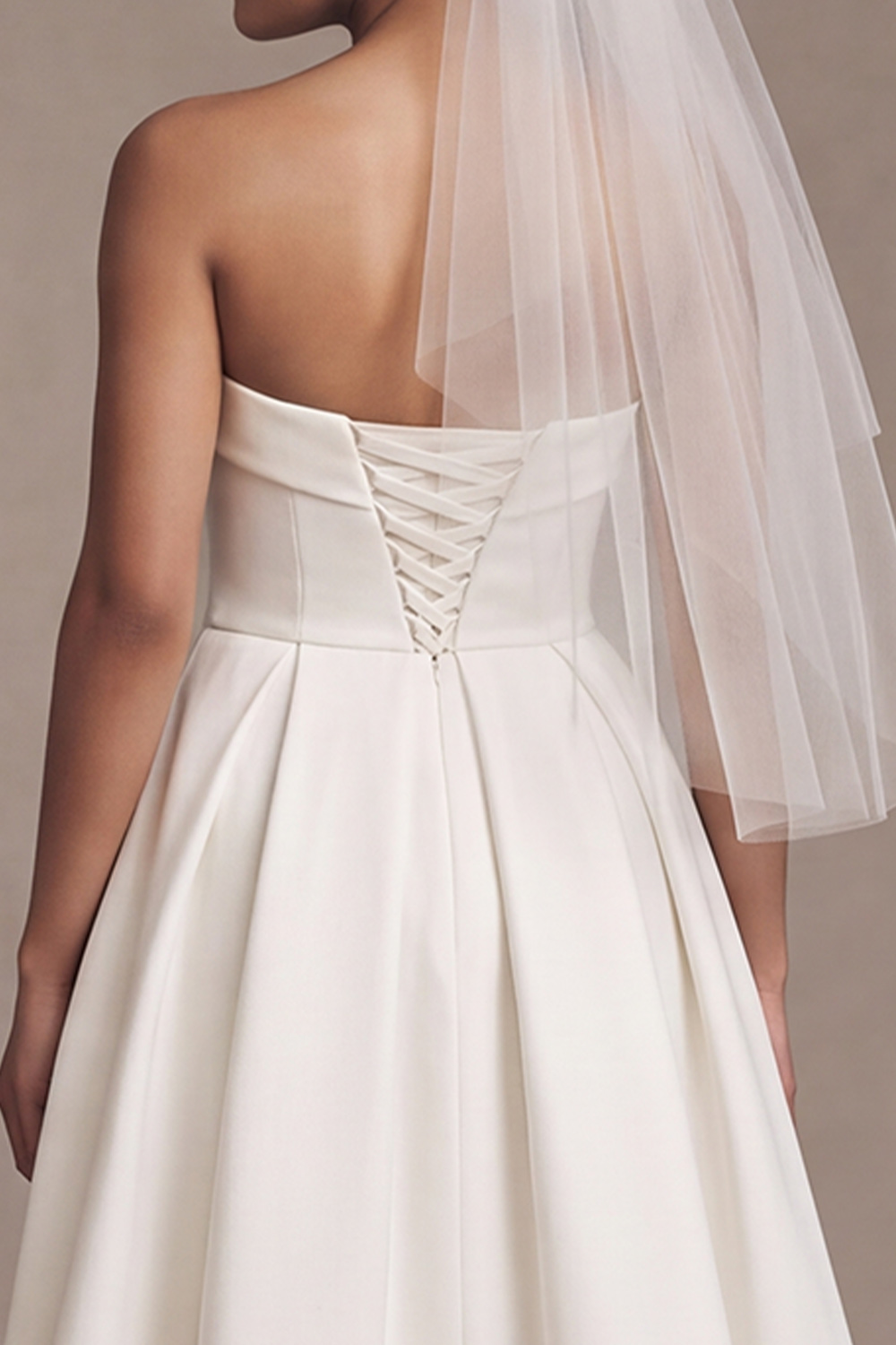 White A-Line Strapless Tea-Length Wedding Dress