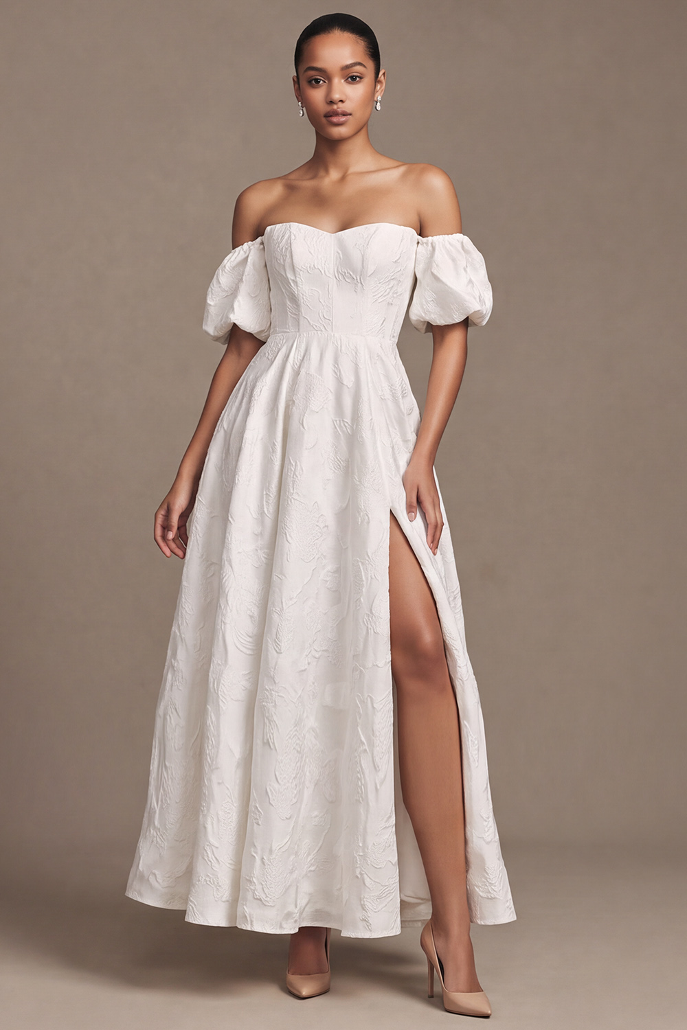White A-Line Off the Shoulder Puff Sleeves Floral Lace Wedding Dress with Slit