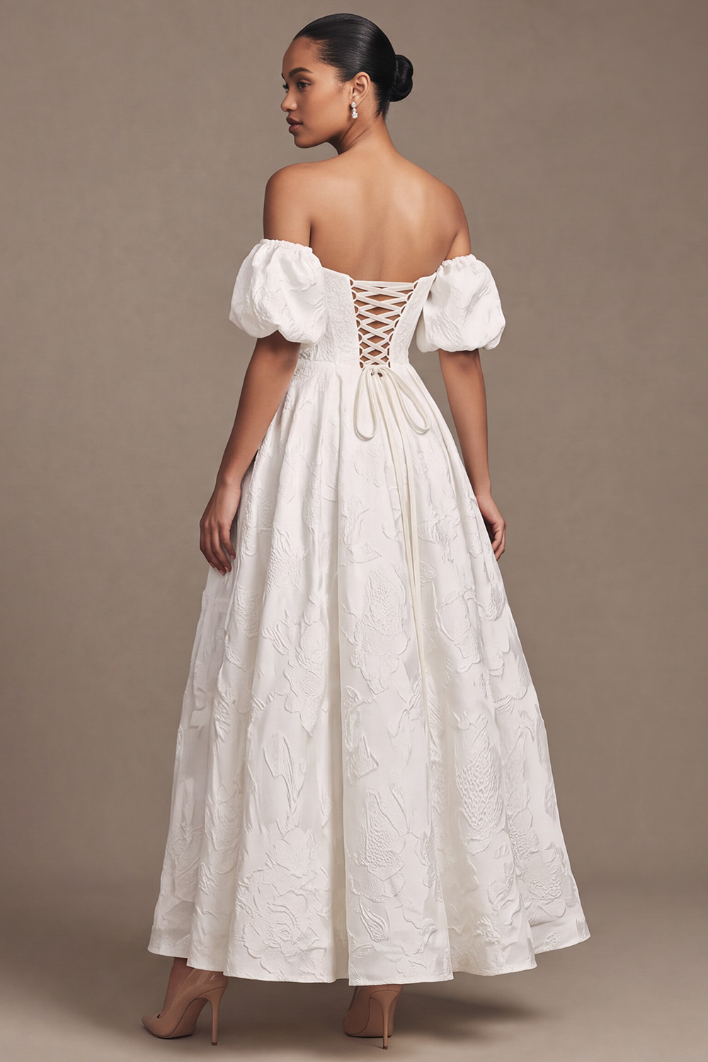 White A-Line Off the Shoulder Puff Sleeves Floral Lace Wedding Dress with Slit