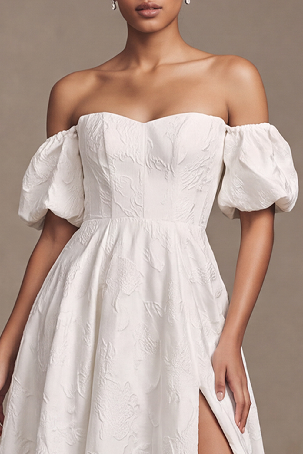 White A-Line Off the Shoulder Puff Sleeves Floral Lace Wedding Dress with Slit