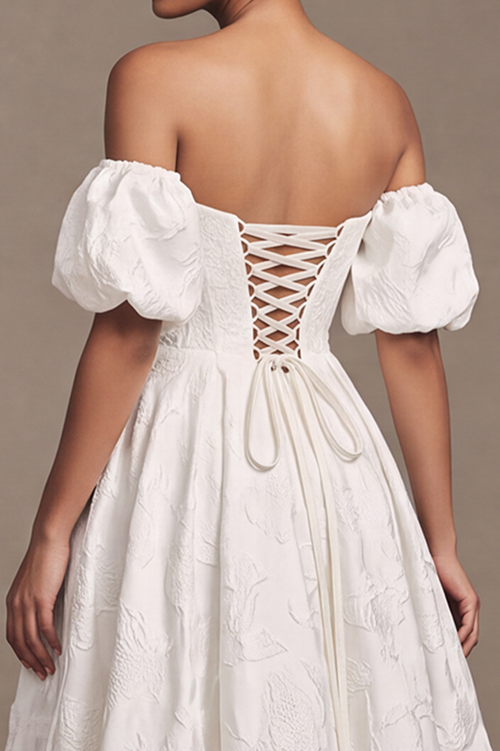White A-Line Off the Shoulder Puff Sleeves Floral Lace Wedding Dress with Slit