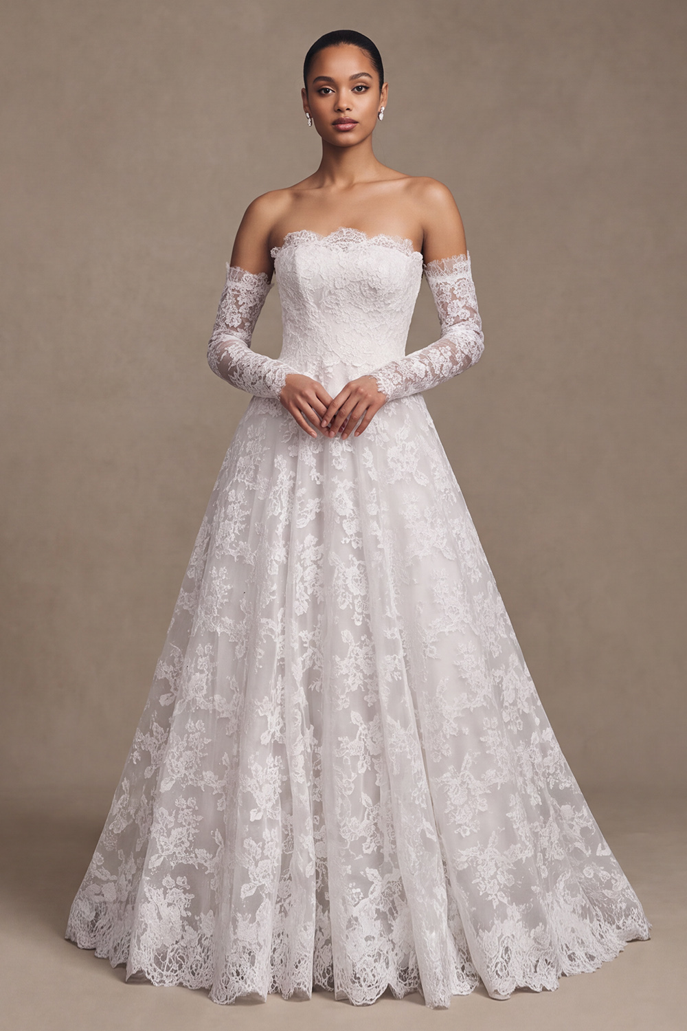 White A-Line Strapless Lace Long Sleeves Wedding Dress