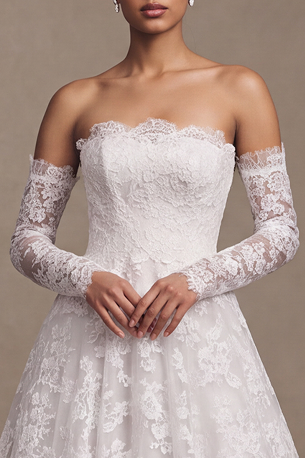 White A-Line Strapless Lace Long Sleeves Wedding Dress