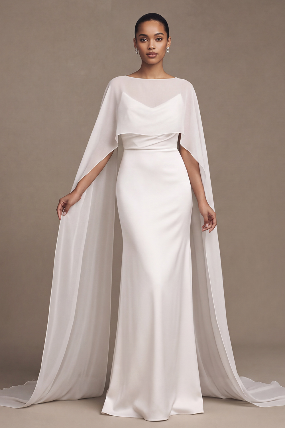 Homrain Women White Mermaid Simple Beach Wedding Dress with Cape Cowl Neck Ruched Bridal Dress