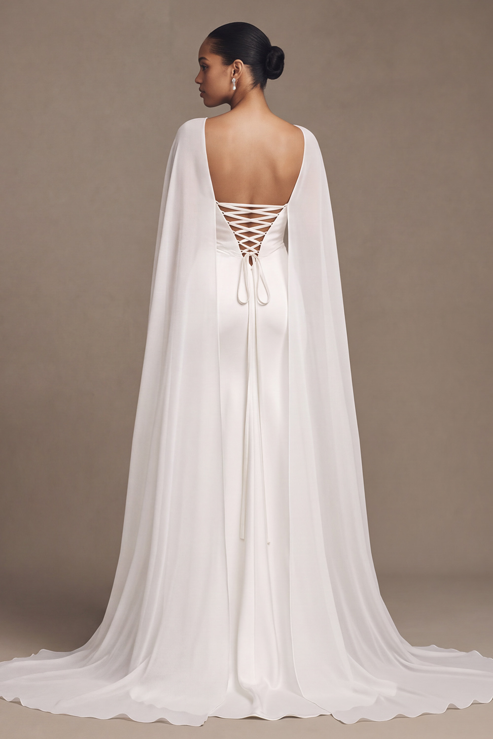 White Mermaid Strapless Sweep Train Wedding Dress with Cape
