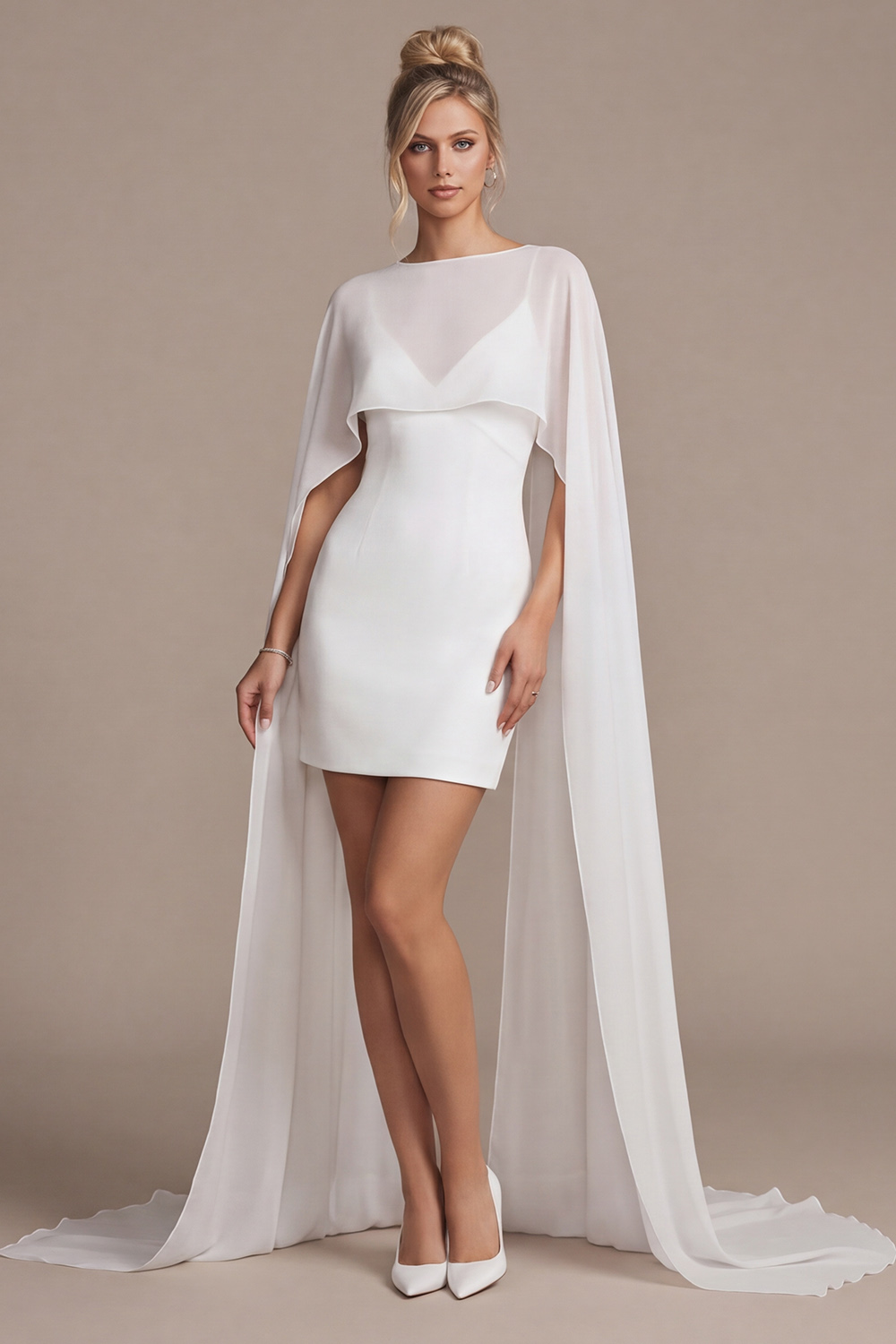 White Bodycon Boat Neck Short Wedding Dress with Cape