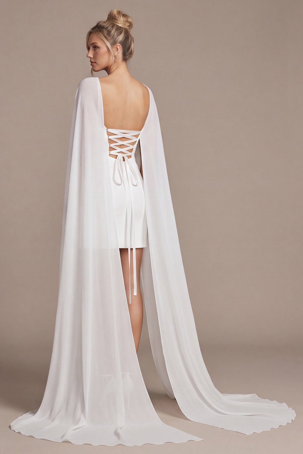 White Bodycon Boat Neck Short Wedding Dress with Cape